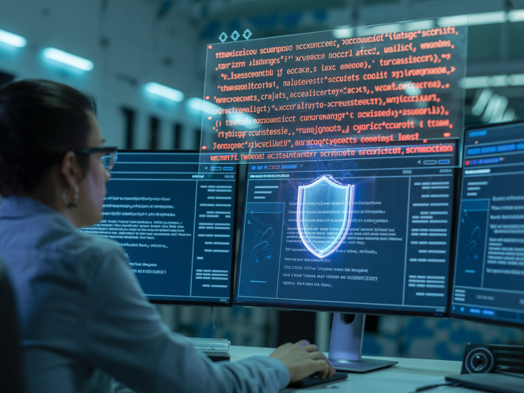 사이버 보안 엔지니어가 여러 모니터에서 보안 분석 화면과 방패 아이콘을 확인하며 해킹 탐지 작업을 수행하는 모습