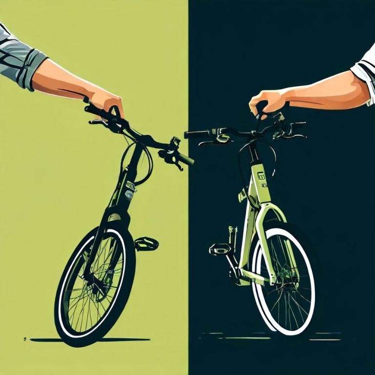 전기자전거의 페달 보조 모드와 스로틀 모드의 작동 방식을 비교 설명하는 일러스트로, 한쪽에서는 라이더가 페달링을 하며 미세한 전동 보조를 받는 모습을, 다른 한쪽에서는 손잡이를 돌려 모터만으로 구동하는 방식을 보여줍니다.