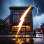 현대적인 스마트폰 앱 아이콘에서 나온 디지털 번개가 전통적인 벽돌 은행 건물을 압도하는 모습입니다.