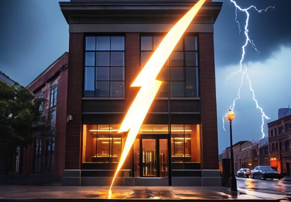 현대적인 스마트폰 앱 아이콘에서 나온 디지털 번개가 전통적인 벽돌 은행 건물을 압도하는 모습입니다.