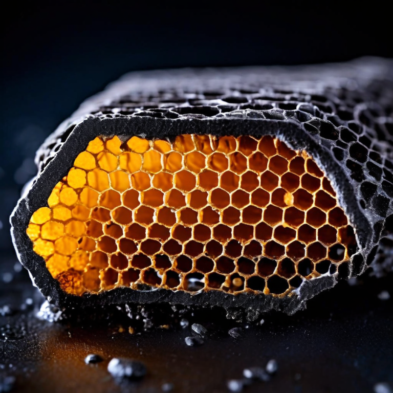 활성탄 필터의 과학적 단면 구조를 확대한 이미지로, 다공성의 벌집 모양 내부에 미세 입자들이 흡착되는 공기 정화 및 정수 원리를 시각적으로 보여줍니다.