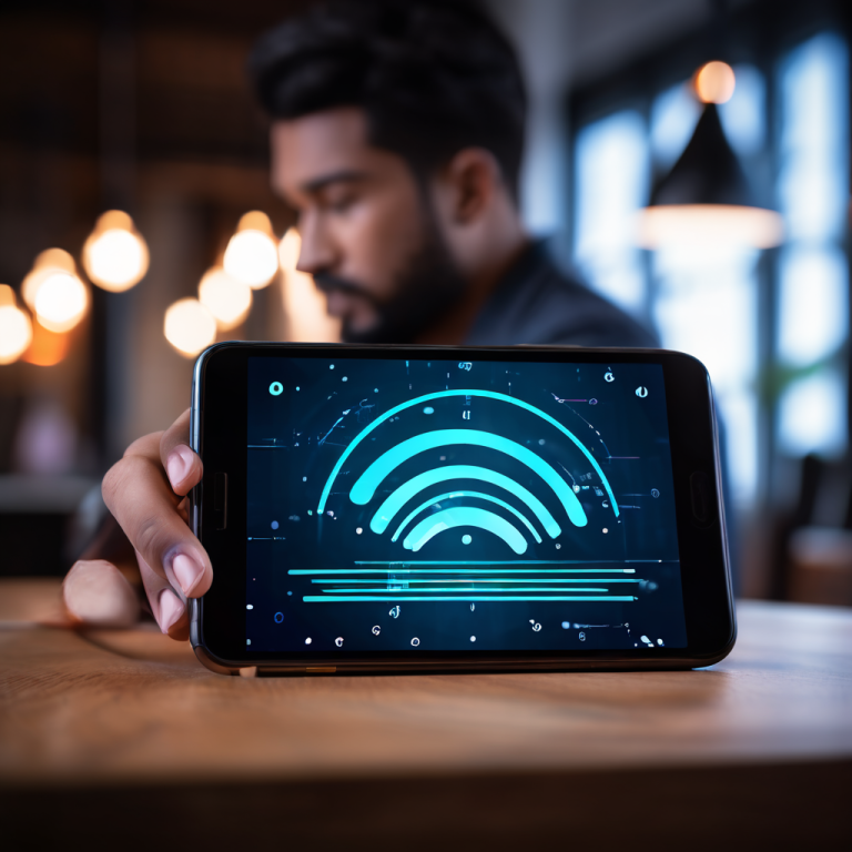 테이블 위에 놓인 스마트폰 화면에 불안정하게 변동하는 와이파이 신호 아이콘이 표시되고, 배경에는 짜증 내는 사용자가 보이는 모습이다.