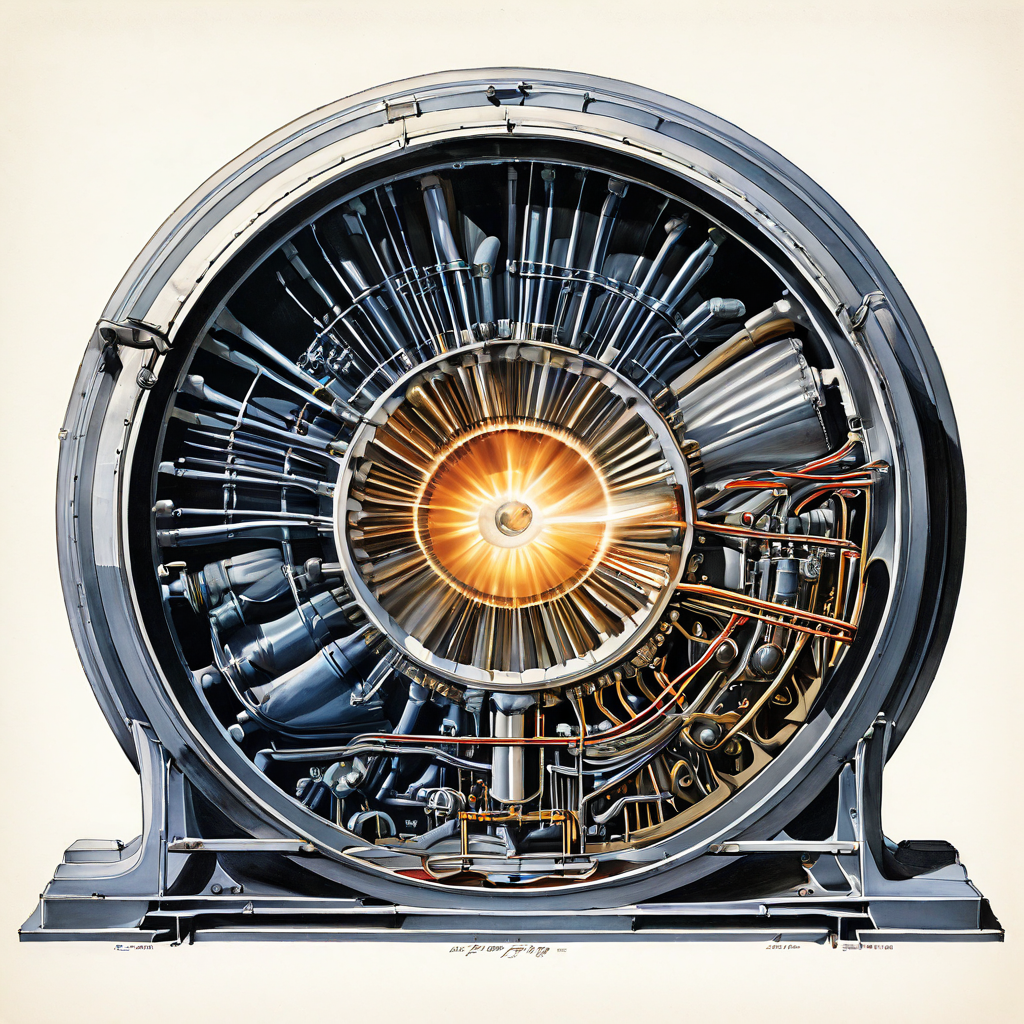 제트 엔진의 단면 구조를 통해 고압 공기와 연소 과정이 강력한 추진력을 발생시키는 원리를 뉴턴의 제3운동 법칙과 함께 설명하는 상세한 다이어그램 이미지입니다.