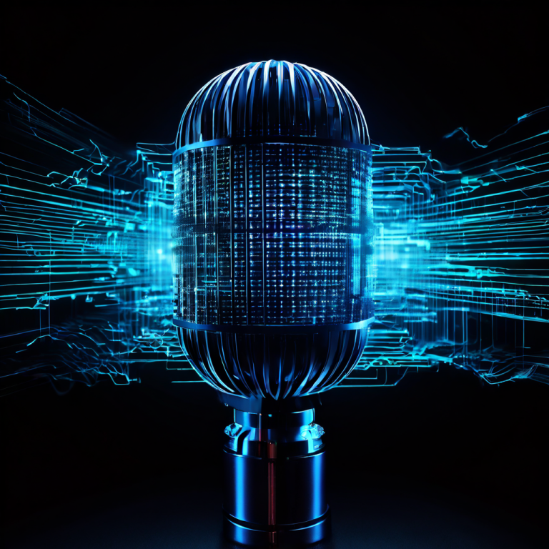 가까이서 바라본 커다란 마이크가 일그러진 형태로 정전기와 결함이 담긴 가시적인 음파를 내보내고 있다.