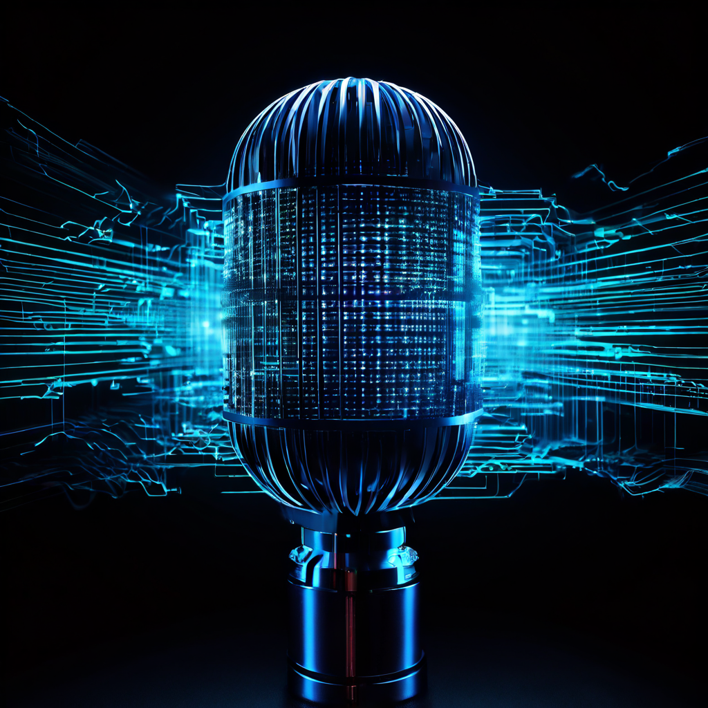 가까이서 바라본 커다란 마이크가 일그러진 형태로 정전기와 결함이 담긴 가시적인 음파를 내보내고 있다.