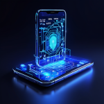 스마트폰 화면에 생체 인증 로그인 화면이 표시되고, 투명한 오버레이로 보안 회로와 데이터를 보호하는 디지털 방패가 복잡하게 펼쳐져 있습니다.