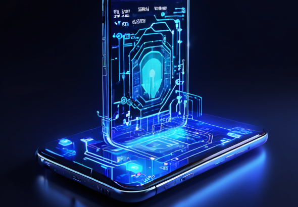 스마트폰 화면에 생체 인증 로그인 화면이 표시되고, 투명한 오버레이로 보안 회로와 데이터를 보호하는 디지털 방패가 복잡하게 펼쳐져 있습니다.