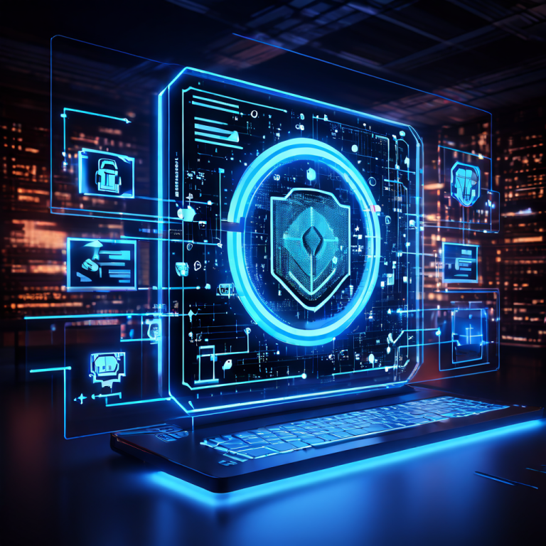 푸른색 데이터 흐름 속에서 종이 수표가 디지털 픽셀로 변환되며, 보안 방패와 경고 표시가 위험을 관리하는 모습이다.