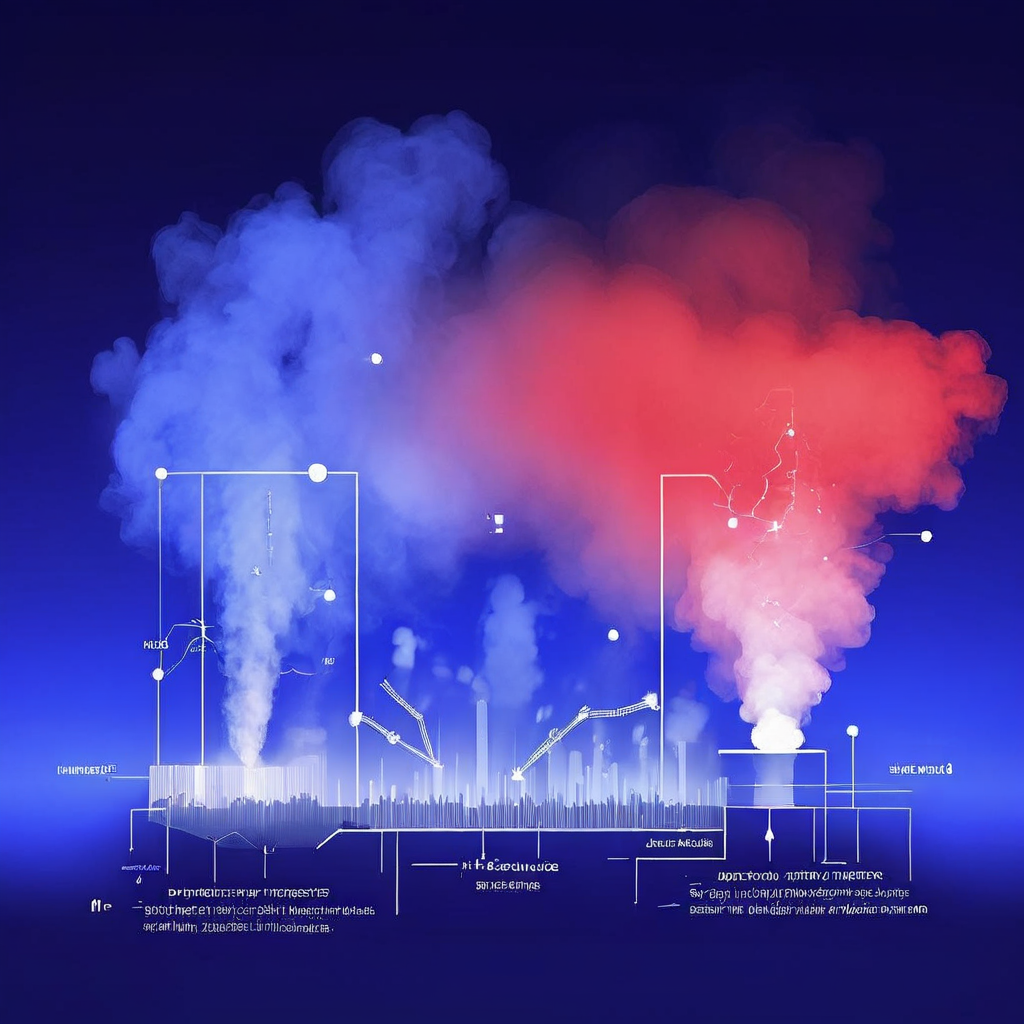유해한 연기 입자가 공기 필터에 의해 포집되고 중화되어 깨끗한 공기만 배출되는 과정을 보여주는 과학적 설명 다이어그램입니다.