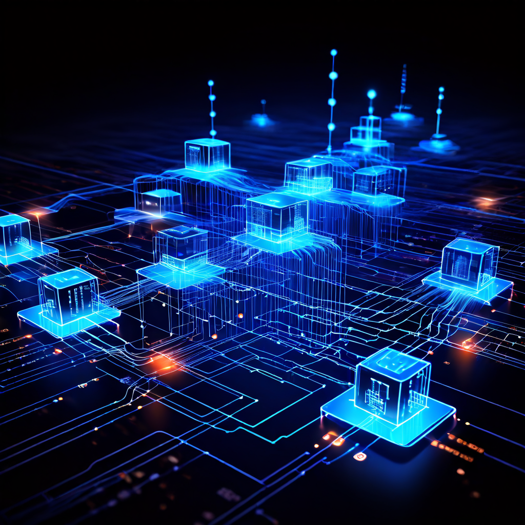 푸른색 배경에 여러 장치와 서버를 연결하는 빛나는 선들 사이로 노란색 데이터 꾸러미가 이동하는 모습입니다.