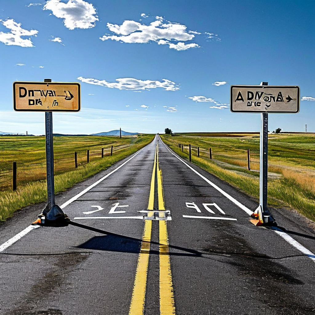 두 개의 차량 구동 시스템 A와 B가 각기 다른 법규와 규제 체계를 나타내는 법전 및 도로 표지판으로 이어지는 개념적인 갈림길을 상징적으로 표현한 이미지입니다.