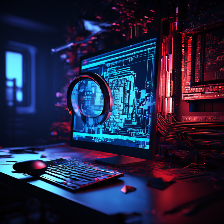 컴퓨터 화면에 그래픽 오류와 지연 현상이 나타나고, 확대경으로 과열되거나 금 간 CPU 칩이 강조된 모습이다.