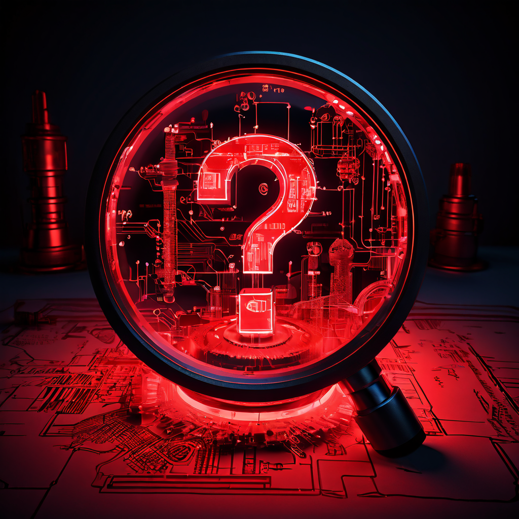 확대경 아래 놓인 복잡한 기계 설계도에서 빨갛게 빛나는 열원이 의문표들에 둘러싸인 모습이다.