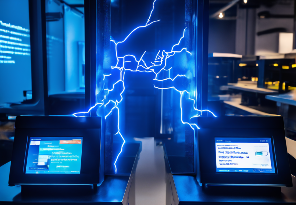 화면이 양쪽으로 나뉘어 왼쪽엔 번개 모양의 빠른 결제가, 오른쪽엔 느린 컨베이어 벨트가 보이며 충돌 지점에서 지연 알림이 발생하는 모습입니다.