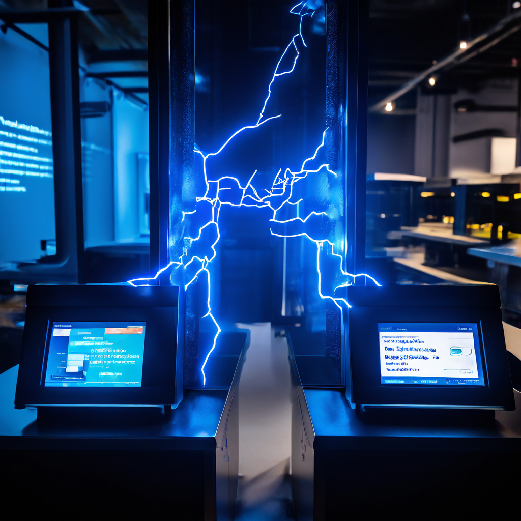 화면이 양쪽으로 나뉘어 왼쪽엔 번개 모양의 빠른 결제가, 오른쪽엔 느린 컨베이어 벨트가 보이며 충돌 지점에서 지연 알림이 발생하는 모습입니다.