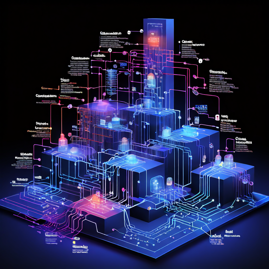 여러 층으로 구성된 복잡한 소프트웨어 시스템에 데이터 흐름이 중첩된 필터와 피드백 고리를 통과하며 증폭되는 모습이다.