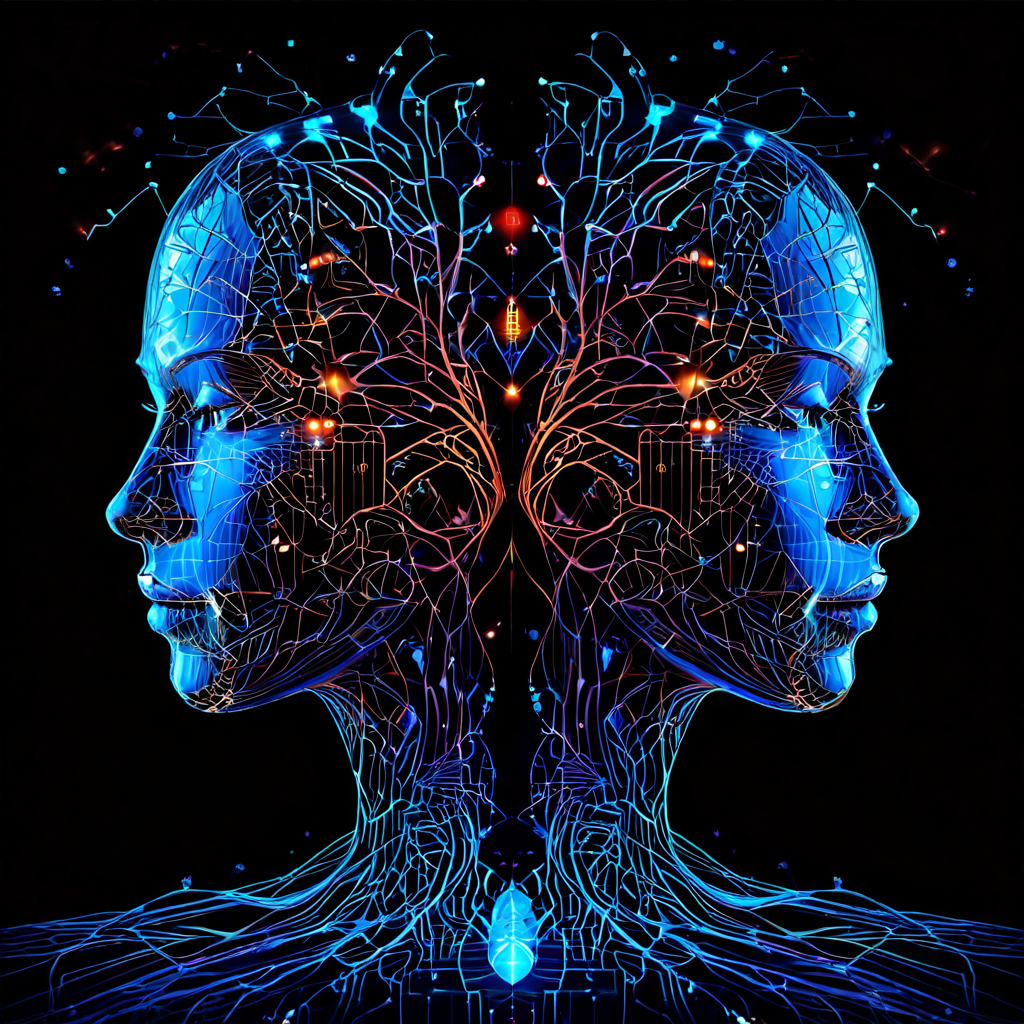 생성형 AI의 핵심 구조인 GAN(Generative Adversarial Network)을 시각화한 다이어그램으로, 생성기와 판별기가 서로 대립하며 진화하는 과정을 빛나는 신경망과 디지털 얼굴 형태로 표현하고 있습니다.