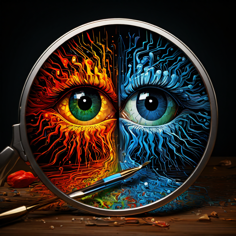 적대적 생성 신경망(GAN)의 핵심 개념을 시각화한 이미지로, 화가의 붓이 사실적인 이미지를 생성하는 생성기와 확대경으로 결함을 검사하는 판별기가 대립하는 루프 구조를 상징적으로 표현하고 있습니다.