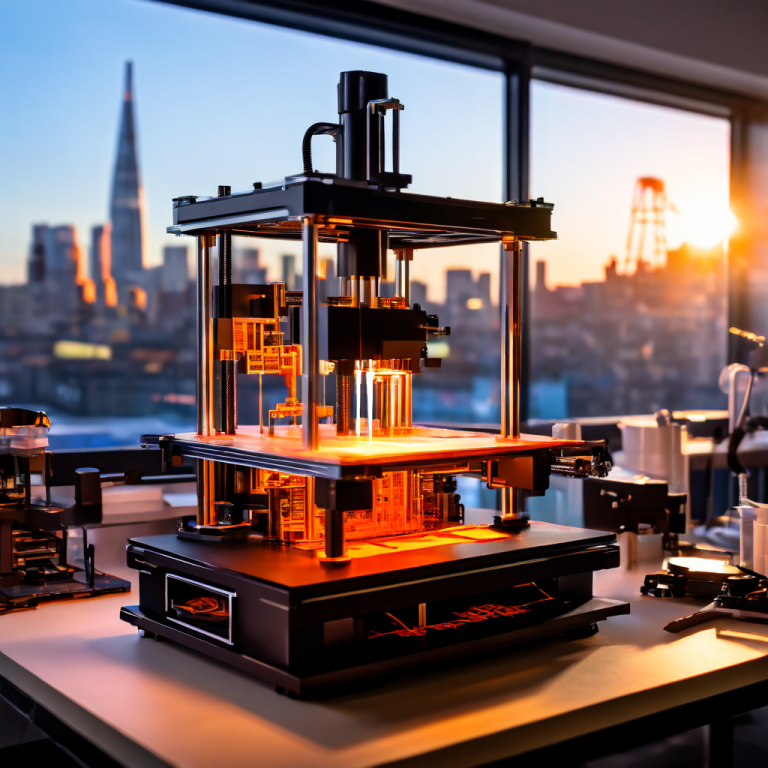 3D 프린터가 복잡한 모델을 층층이 적층해 제작하는 과정과 함께, 배경의 산업단지 풍경과 함께 상승하는 원가 효율성 그래프가 부가가치 창출을 시각화합니다.