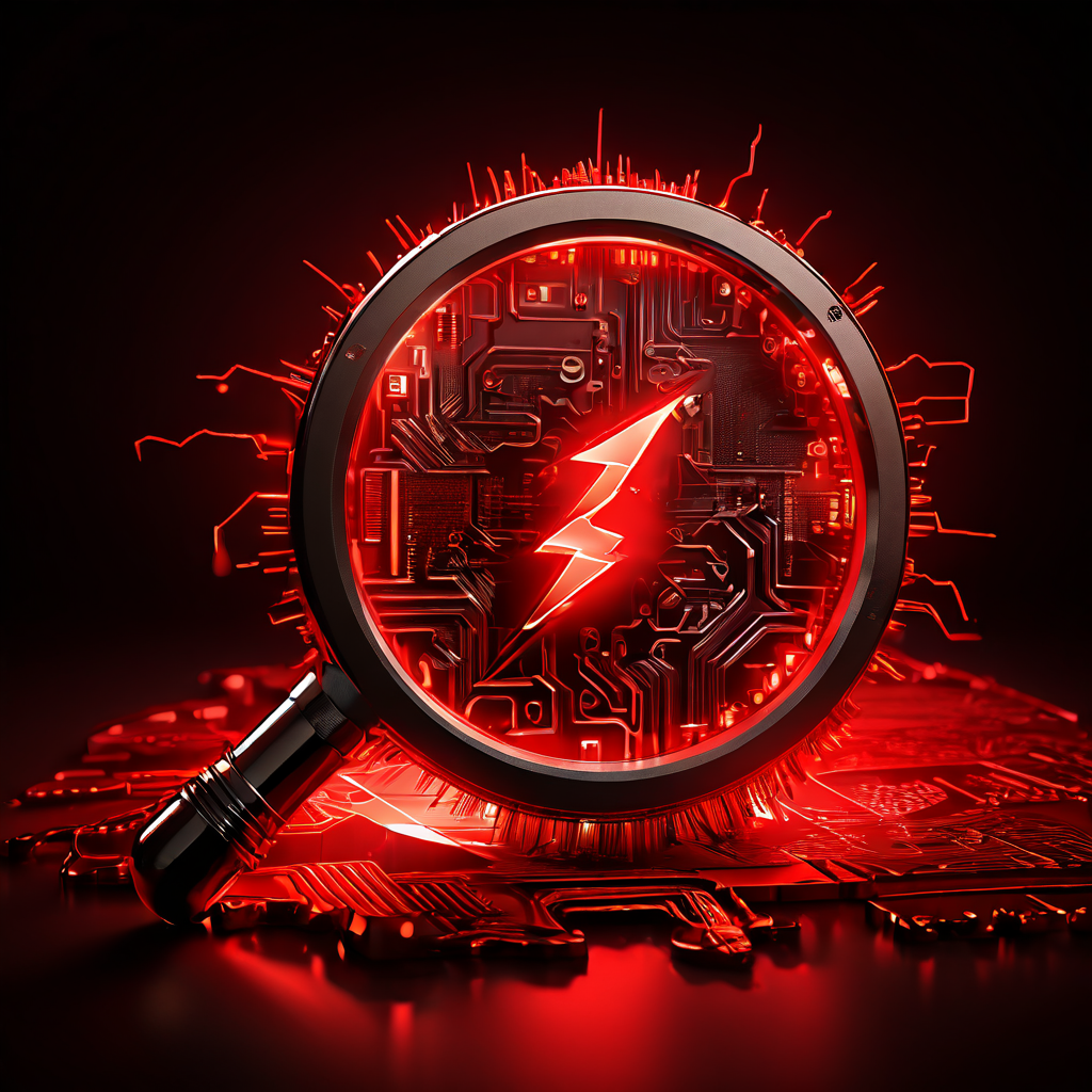 확대경 아래에 놓인 컴퓨터 칩 위에 빨간색 경고 아이콘이 있고, 번개 모양이 기어에 끼어 있는 모습이다.