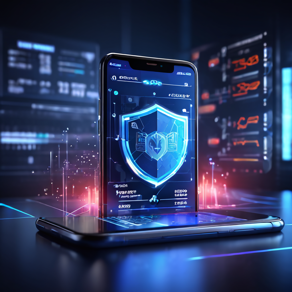 큰 미래형 방패와 자물쇠로 보호받는 스마트폰 화면에는 주식 앱과 상승하는 금융 그래프가 안전하게 표시되어 있다.