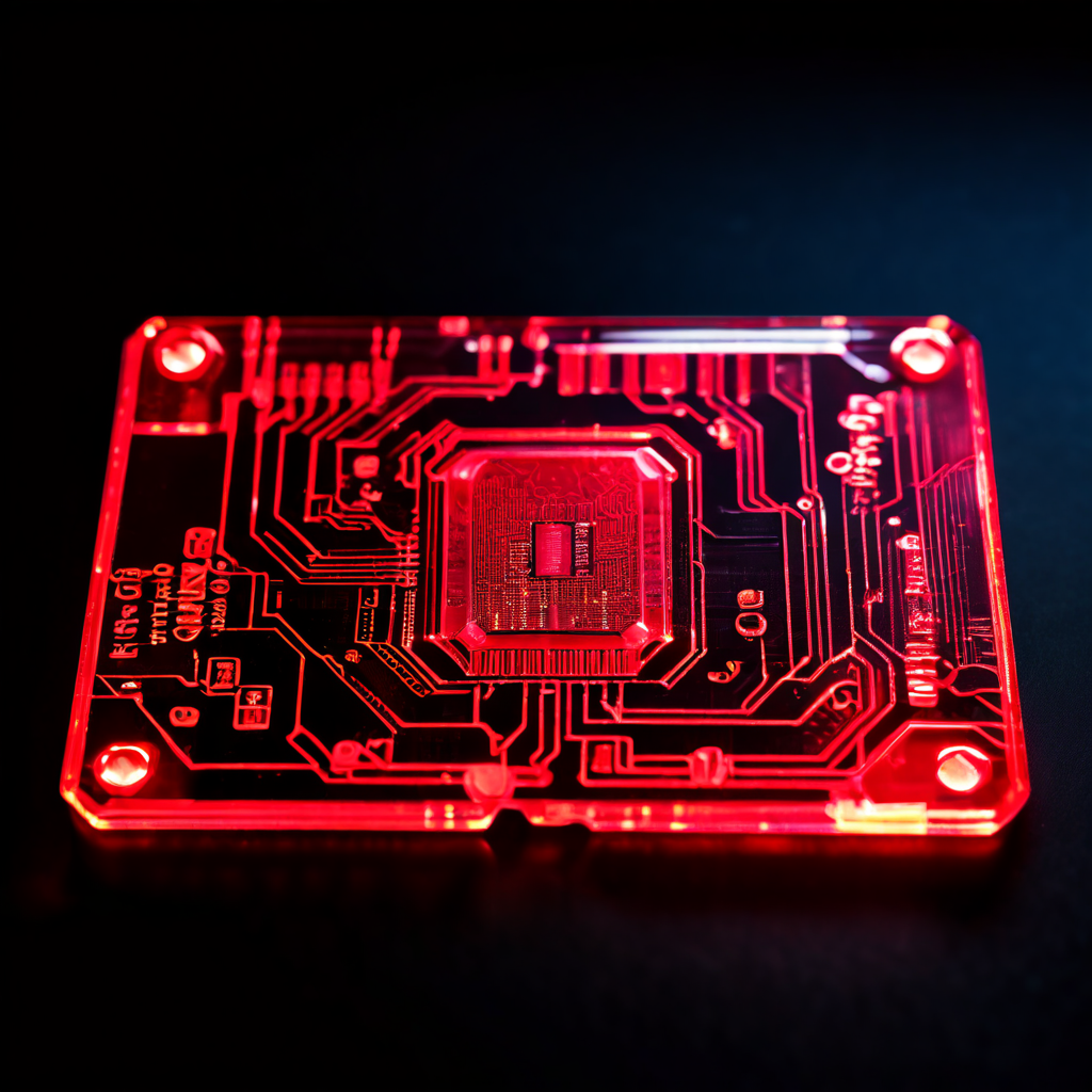 투명한 외부로 내부 회로가 보이는 보안 카드의 근접 촬영으로, 데이터 흐름의 약점이 붉은 빛으로 강조된 모습이다.