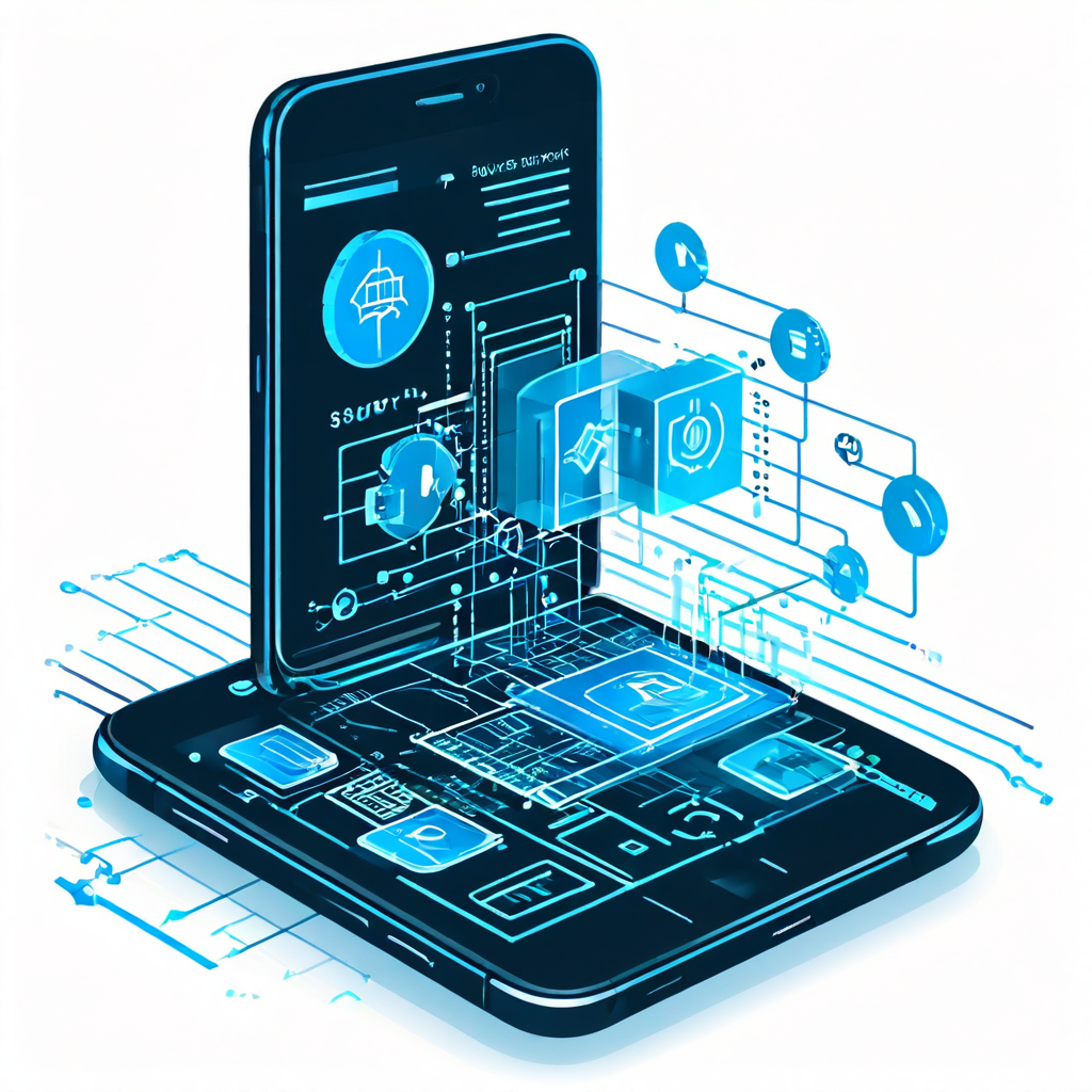 스마트폰 카메라로 수표를 촬영하면 디지털 화살표와 데이터 흐름이 복잡한 검증, 암호화, 결제 과정을 보여주는 기술 도식입니다.