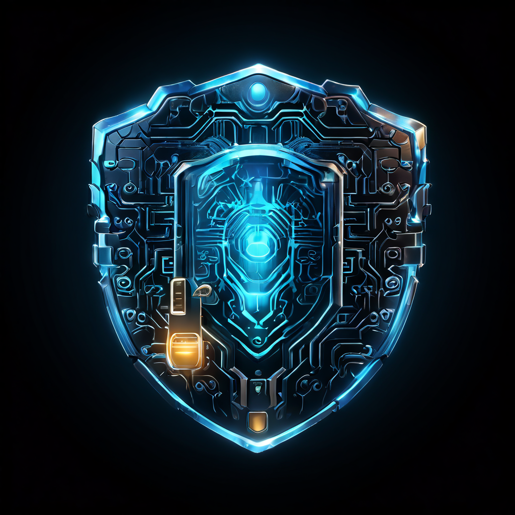 세 개의 레이어로 된 디지털 방패가 로그인 포털을 지키고 있으며, 각 층에는 열쇠, 스마트폰, 지문 스캔이 배치되어 있습니다.