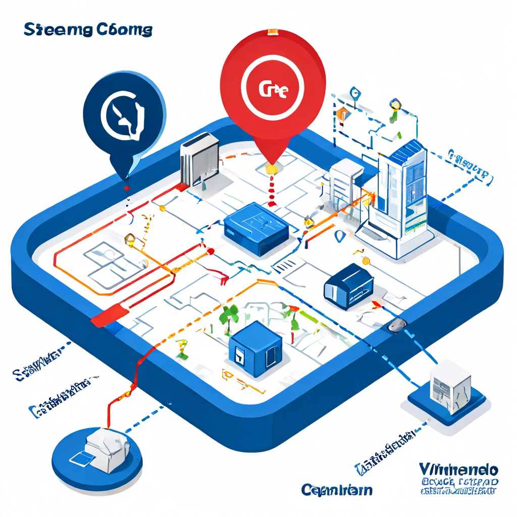 위성과 기기가 신호를 주고받으며 지도상에 설정된 가상 경계를 넘으면 알림이 발생하는 GPS 지오펜싱 기술의 작동 원리를 설명하는 다이어그램입니다.