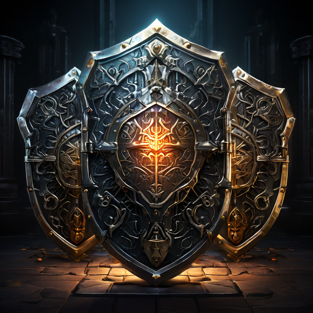 세 개의 기둥이 있는 방패로, 하나는 암호화된 코드가 빛나고, 하나는 끊어지지 않은 사슬, 나머지는 검증된 인장이 새겨져 있습니다.