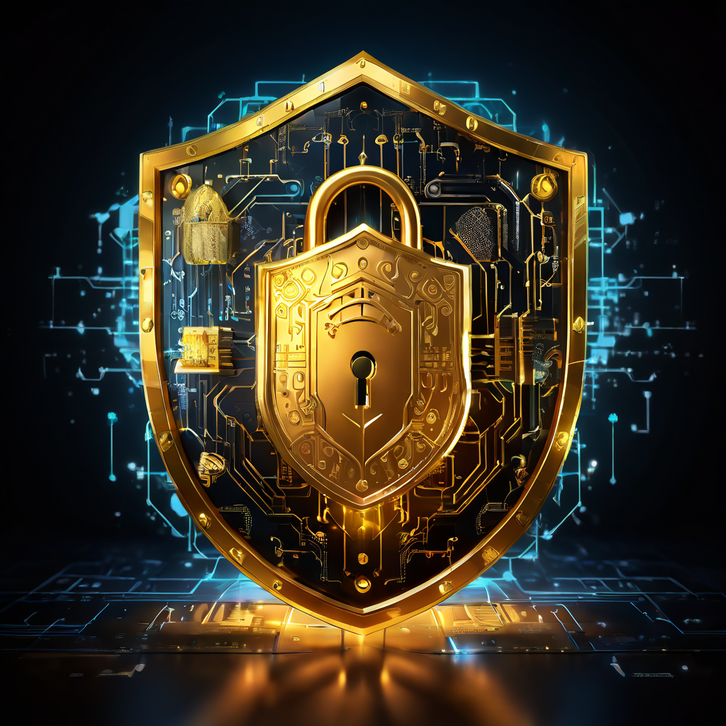 빛나는 금색 자물쇠가 네트워크 상의 디지털 금융 데이터를 보호하고, 방패와 통화 기호가 안전과 신뢰를 발산하는 모습이다.