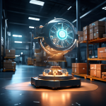 한쪽엔 빛나는 톱니바퀴, 다른 쪽엔 반짝이는 방패가 올려진 저울이 현대적 창고의 패키지 컨베이어 벨트 위에 떠 있는 모습이다.