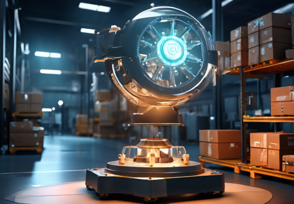 한쪽엔 빛나는 톱니바퀴, 다른 쪽엔 반짝이는 방패가 올려진 저울이 현대적 창고의 패키지 컨베이어 벨트 위에 떠 있는 모습이다.