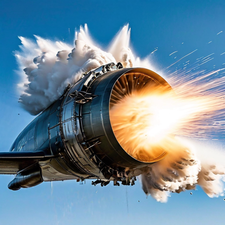 뉴턴의 제3법칙인 작용과 반작용을 시각적으로 보여주며 강력한 추진력을 발생시키는 제트 엔진의 고속 배기 가스 흐름을 묘사한 이미지입니다.