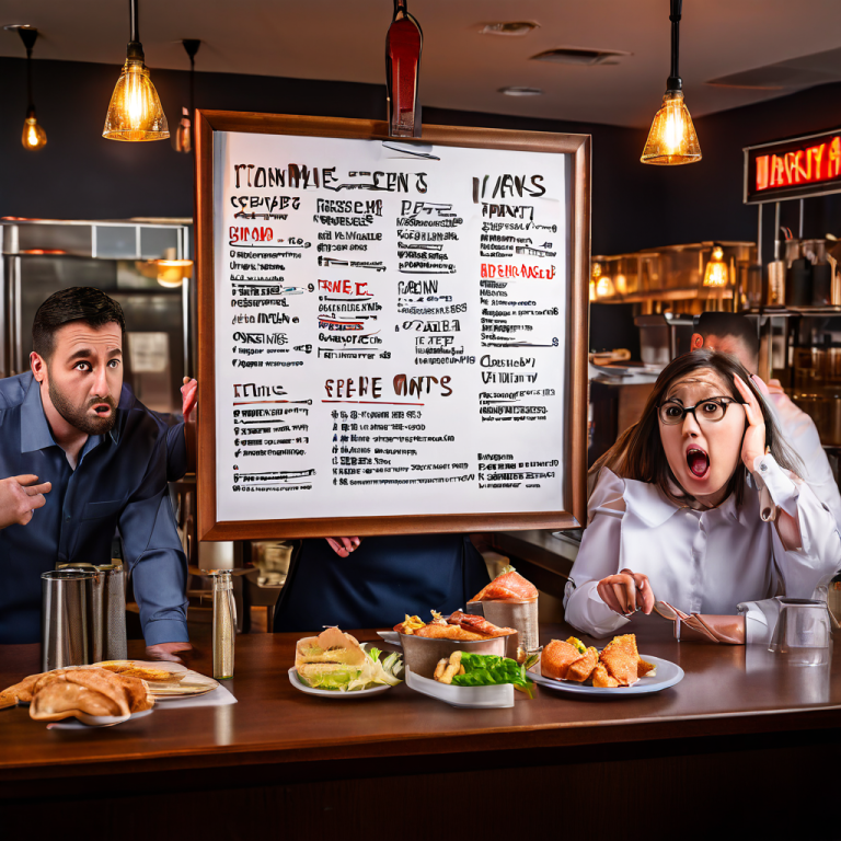실패한 레스토랑 메뉴판으로 인해 고객 불신과 운영 혼란이 발생한 상황을 보여주며, 당황한 고객들과 스트레스를 받은 직원들의 모습이 식당 경영의 어려움을 구체적으로 담고 있습니다.