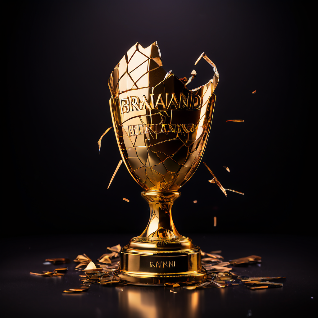 브랜드의 높은 기대를 상징하는 금빛 트로피가 깨지고 실망한 고객이 떠나가며, 함께 부서진 그래프가 고객 기대와 브랜드 성과의 괴리를 생생하게 보여주는 이미지입니다.